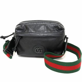 グッチ(Gucci)のグッチ ダブルG付き クロスボディバッグ ブラック レザー 725696 ショルダーバッグ  ウェブストライプ【中古】(ウエストポーチ)