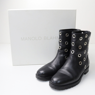 マノロブラニク MANOLO BLAHNIK Silvaia Leather Ankle Boots アイレットアンクルブーツ 38/ブラック【2400013752794】