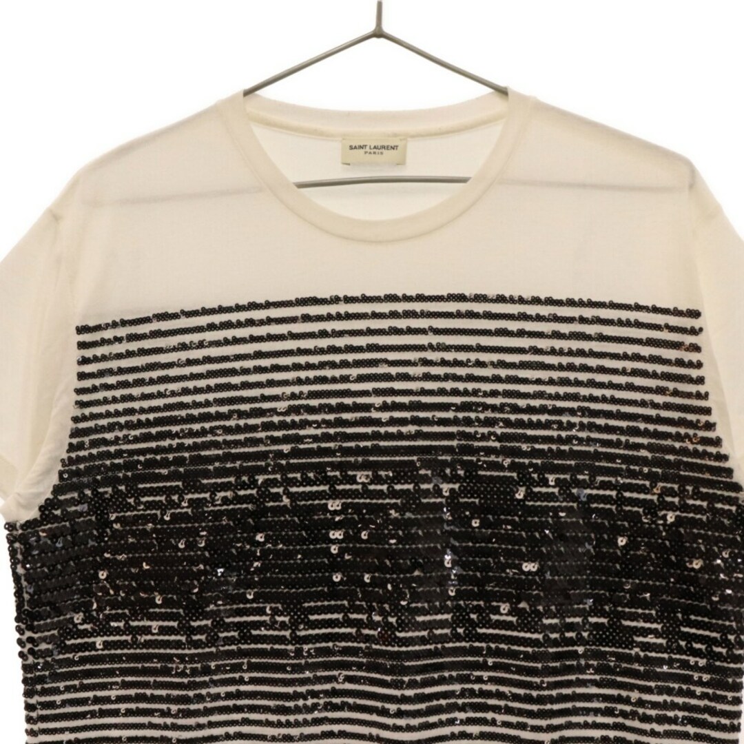 Saint Laurent(サンローラン)のSAINT LAURENT PARIS サンローランパリ viscose polyester striped sequin T-shirt 551636 YBBU2 スパンコールデザイン 半袖クルーネックTシャツ ホワイト/ブラック メンズのトップス(Tシャツ/カットソー(半袖/袖なし))の商品写真