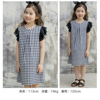 ビー(Bee)の140 ギンガムチェック シフォン袖 ブラック ワンピース(ワンピース)