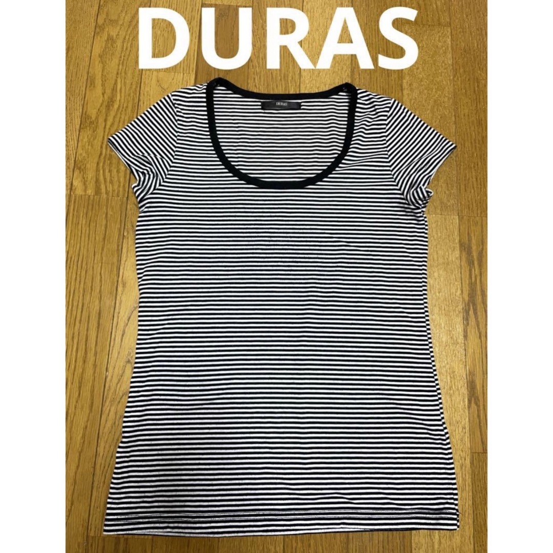 DURAS(デュラス)のデュラス　ボーダー　Tシャツ　ブラック　黒　ホワイト　白　モノトーン　レーヨン レディースのトップス(Tシャツ(半袖/袖なし))の商品写真