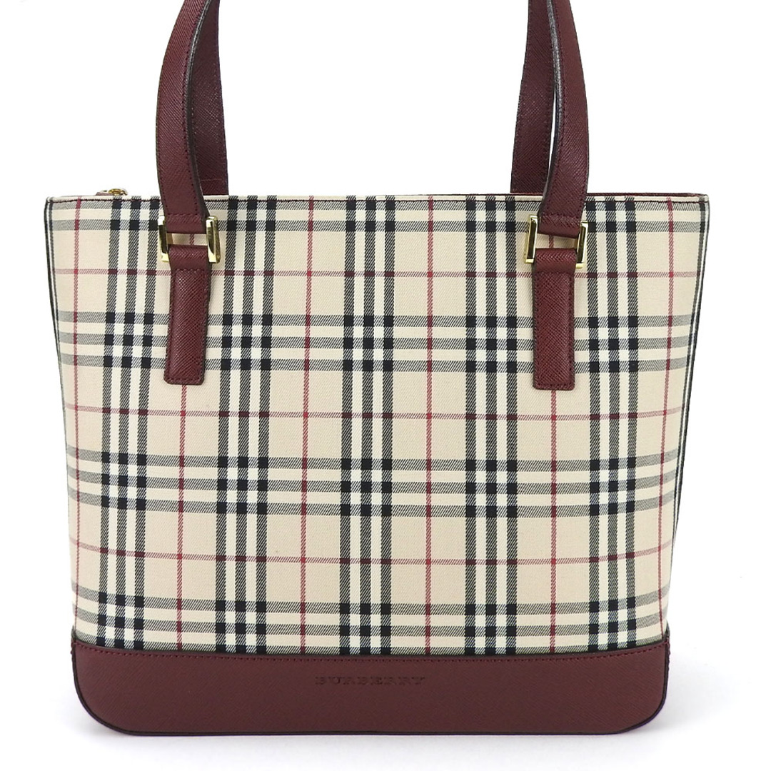 BURBERRY(バーバリー)の【中古】 バーバリー トートバッグ ノバチェック キャンバス レザー ベージュ ボルドー ゴールド金具 普段使い カジュアル レディース 女性 BURBERRY レディースのバッグ(トートバッグ)の商品写真