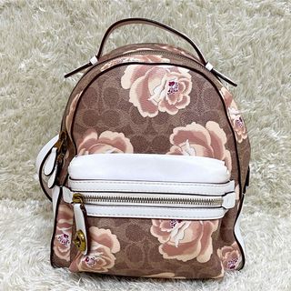 コーチ(COACH)の美品　コーチ　リュック　シグネチャー　ターンロック　ローズプリント　チャーム(リュック/バックパック)