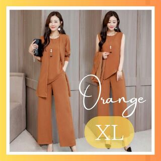 【オレンジ】XL パンツスーツ セットアップ フォーマル 結婚式 学校行事 黒(スーツ)