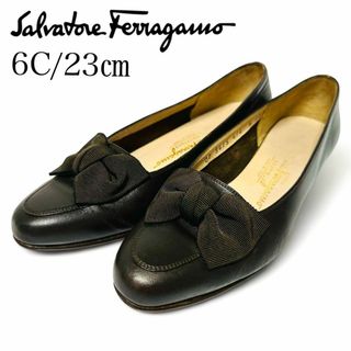 サルヴァトーレフェラガモ(Salvatore Ferragamo)の美品✨フェラガモ 6C/ 約23cm パンプス 本革 ローヒール リボン 濃茶(ハイヒール/パンプス)