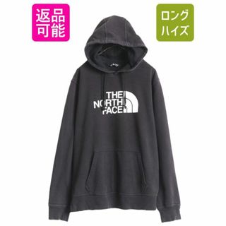 ザノースフェイス(THE NORTH FACE)のノースフェイス プリント スウェット フード パーカー メンズ L 古着 The North Face ロゴ プルオーバー 裏起毛 トレーナー アウトドア 黒(パーカー)