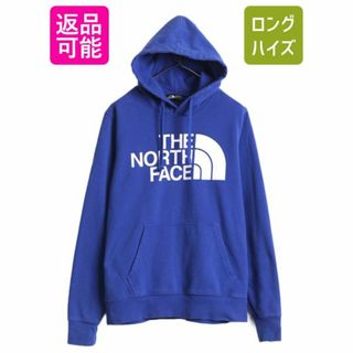 ザノースフェイス(THE NORTH FACE)のノースフェイス プリント スウェット フード パーカー メンズ S 古着 The North Face ロゴ プルオーバー 裏起毛 トレーナー アウトドア 青(パーカー)