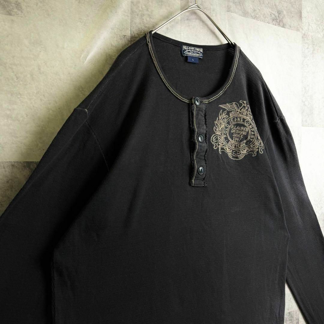 Ralph Lauren(ラルフローレン)の美品 ポロジーンズ ヘンリーネック ロンT エンブレム刺繍ロゴ ブラック L メンズのトップス(Tシャツ/カットソー(七分/長袖))の商品写真