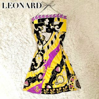 レオナール(LEONARD)の美品✨レオナール ワンピース トリム ネックリボン キャミソール パッド 花柄(ひざ丈ワンピース)