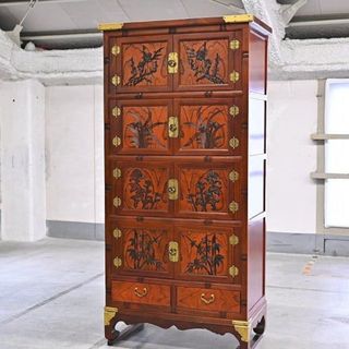 李朝家具「四層箪笥」ケヤキ材 金具装飾 チェスト 伝統家具 リビング 寝室 骨董品 衣装台 キッチン 小物収納 重厚 中国 バンダジ【中古家具/中古インテリア/USED家具ユーズド家具/リサイクル】(棚/ラック/タンス)