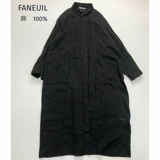 faneuil - ファヌル  麻 リネン100％ 日本製 シャツロングワンピース 黒 ゆったり