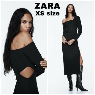 ザラ(ZARA)のZARA　アシンメトリー ドレープ ミディワンピース　XSサイズ　ブラック(ロングワンピース/マキシワンピース)