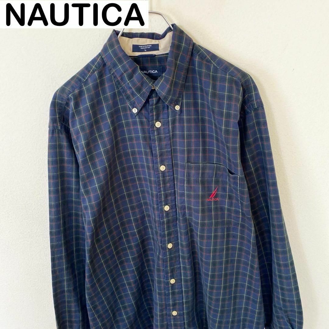 NAUTICA(ノーティカ)のNAUTICA ノーティカ　長袖　刺繍ロゴ　チェック　シャツ　古着　アメカジ メンズのトップス(Tシャツ/カットソー(七分/長袖))の商品写真