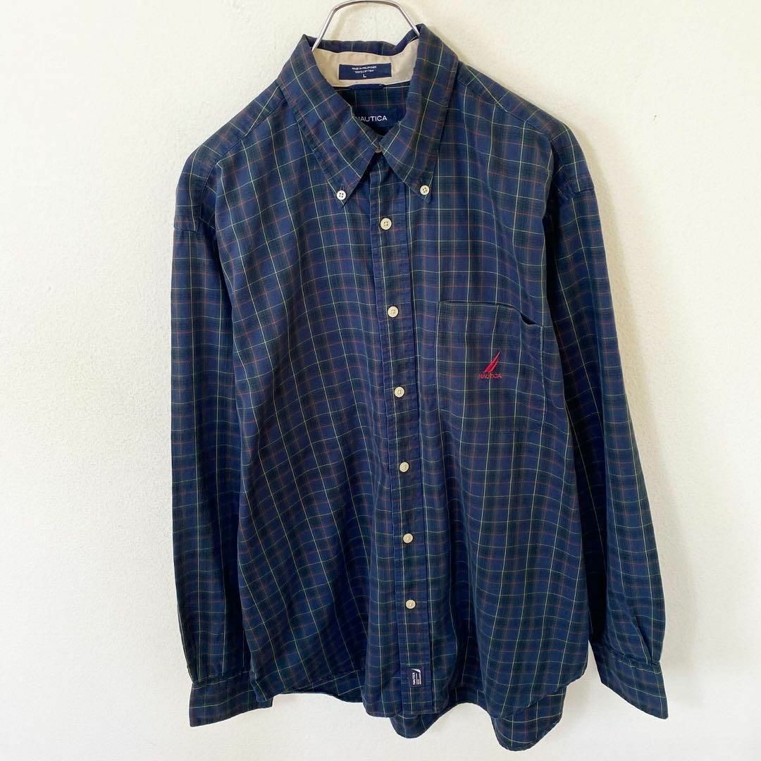 NAUTICA(ノーティカ)のNAUTICA ノーティカ　長袖　刺繍ロゴ　チェック　シャツ　古着　アメカジ メンズのトップス(Tシャツ/カットソー(七分/長袖))の商品写真