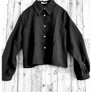 【ＵＳＥＤ】レディース　黒　シャツ　ブラウス　可愛い襟、袖　L(シャツ/ブラウス(長袖/七分))