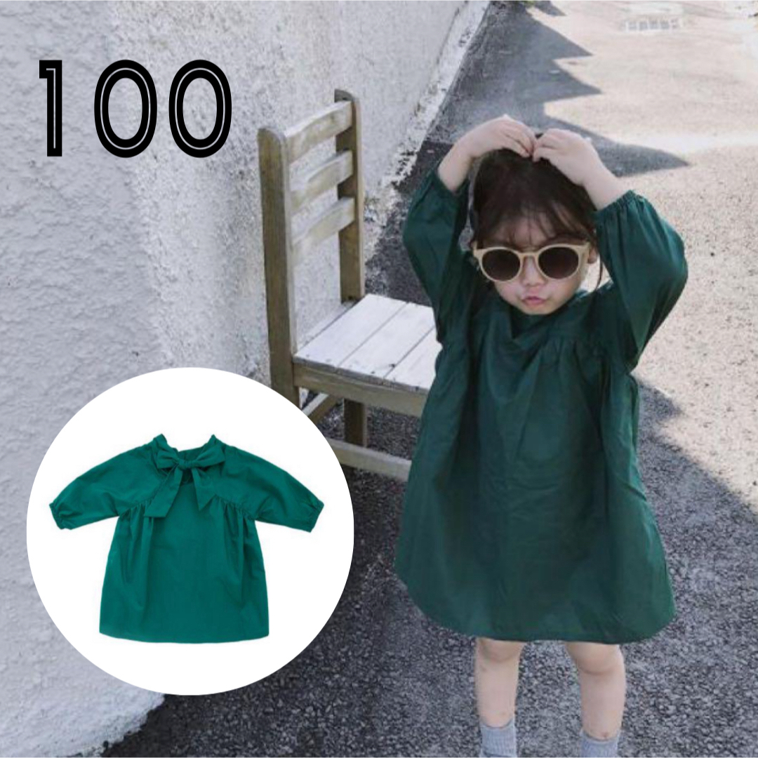 韓国こども服 バックリボン ワンピース グリーン ミニワンピース キッズ/ベビー/マタニティのキッズ服女の子用(90cm~)(ワンピース)の商品写真