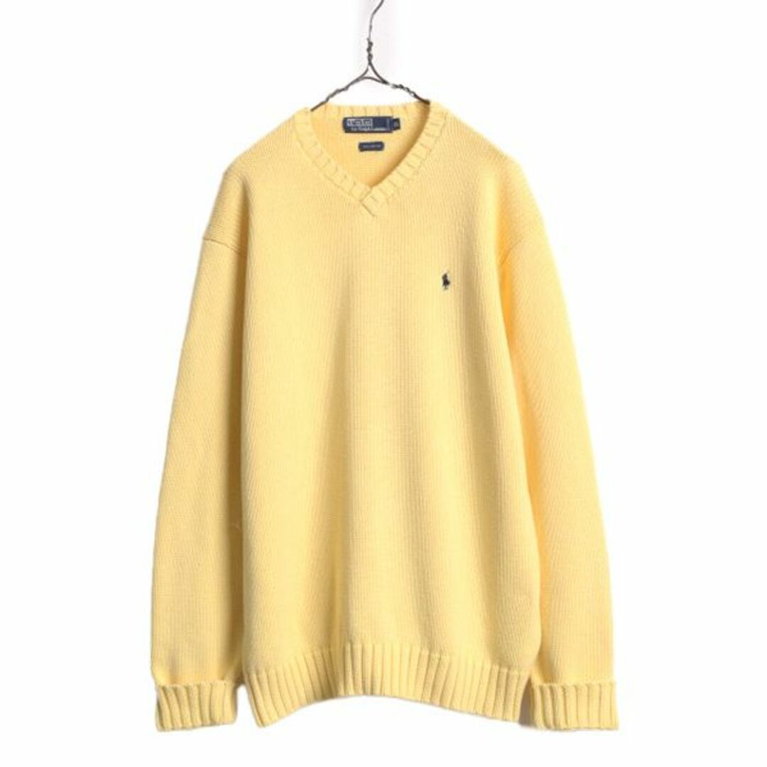 Ralph Lauren(ラルフローレン)の90s ポロ ラルフローレン Vネック コットン ニット セーター メンズ XL / 古着 90年代 POLO オールド ポニー刺繍 ワンポイント イエロー メンズのトップス(ニット/セーター)の商品写真