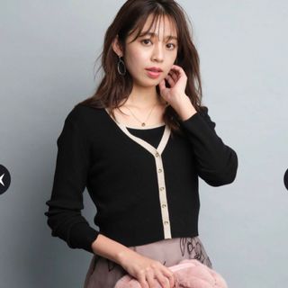 JUSGLITTY - JUSGLITTY 半袖配色Vニットジャケットアンサンブルの通販 JUSGLITTY - JUSGLITTY 半袖配色Vニットジャケットアンサンブルの通販