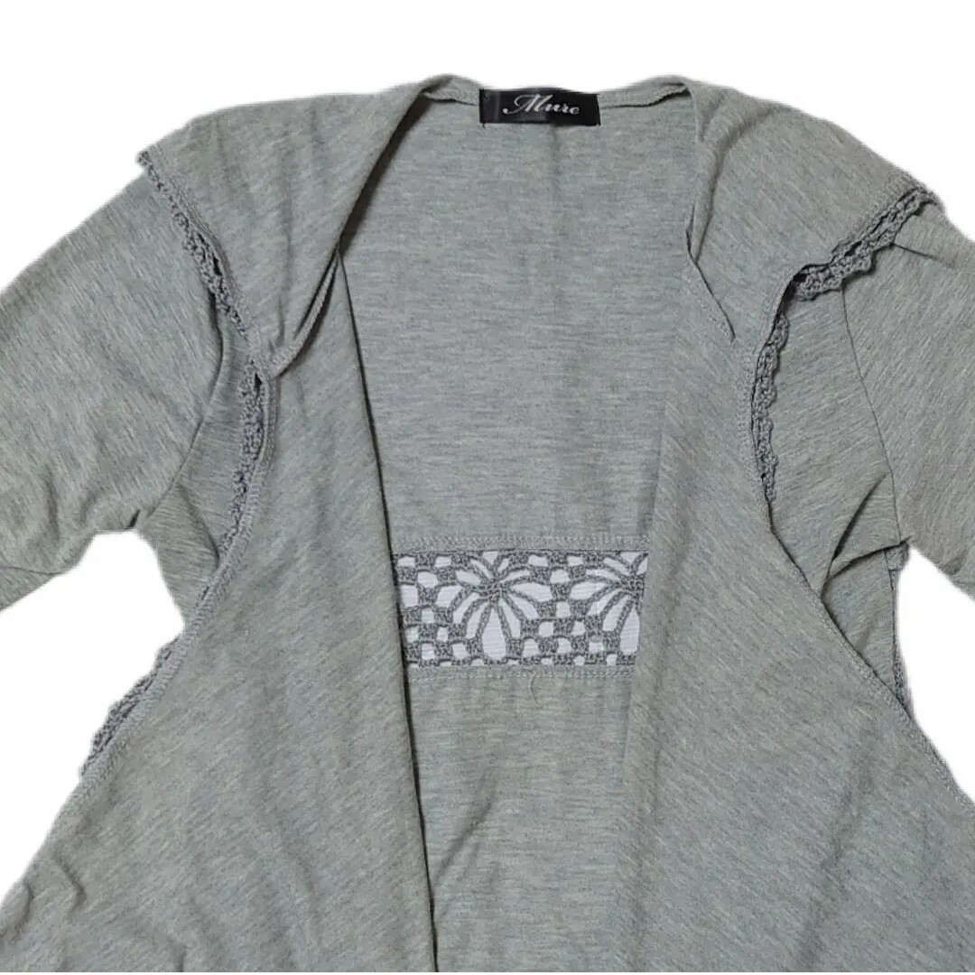 個性的 薄手 透かし編み フード付 ロング カーディガン トップス グレー レディースのトップス(カーディガン)の商品写真