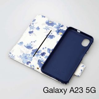 Galaxy A23 5G ソフトレザーケース 薄型 磁石　フラワーズ　ネイビー