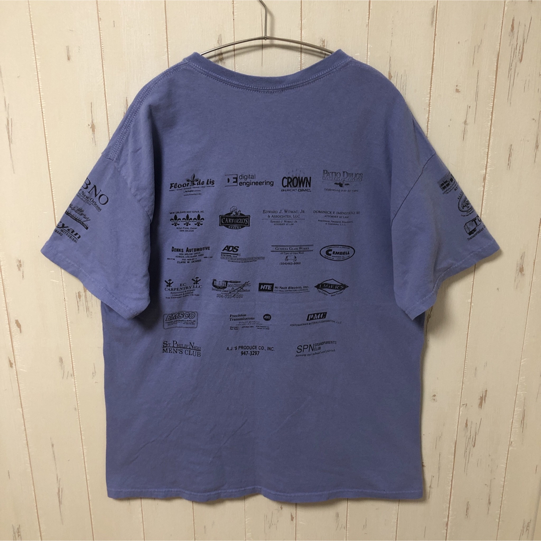 海外古着 両面プリント イラスト tシャツ 半袖 Lサイズ相当 メンズ 青 古着 メンズのトップス(Tシャツ/カットソー(半袖/袖なし))の商品写真