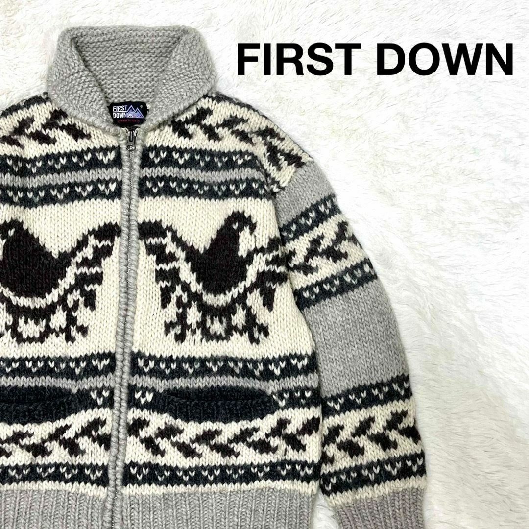 FIRST DOWN(ファーストダウン)のFIRST DOWN カウチンニット グレー ジップアップ カーディガン メンズのトップス(ニット/セーター)の商品写真