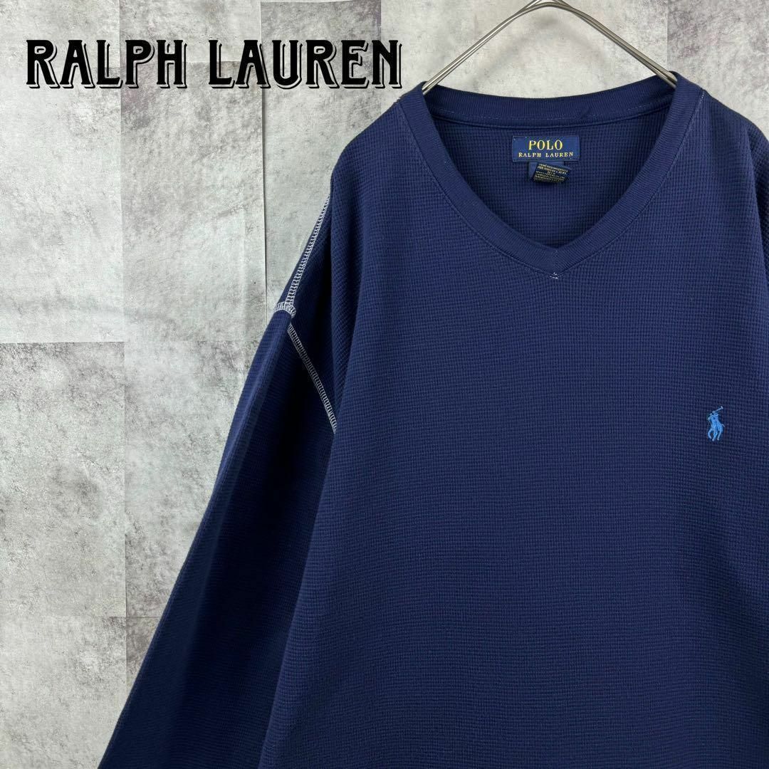 POLO RALPH LAUREN(ポロラルフローレン)の美品 ビッグサイズ ポロラルフローレン サーマルロンT 刺繍ロゴ ネイビー XL メンズのトップス(Tシャツ/カットソー(七分/長袖))の商品写真