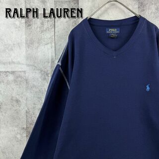 ポロラルフローレン(POLO RALPH LAUREN)の美品 ビッグサイズ ポロラルフローレン サーマルロンT 刺繍ロゴ ネイビー XL(Tシャツ/カットソー(七分/長袖))