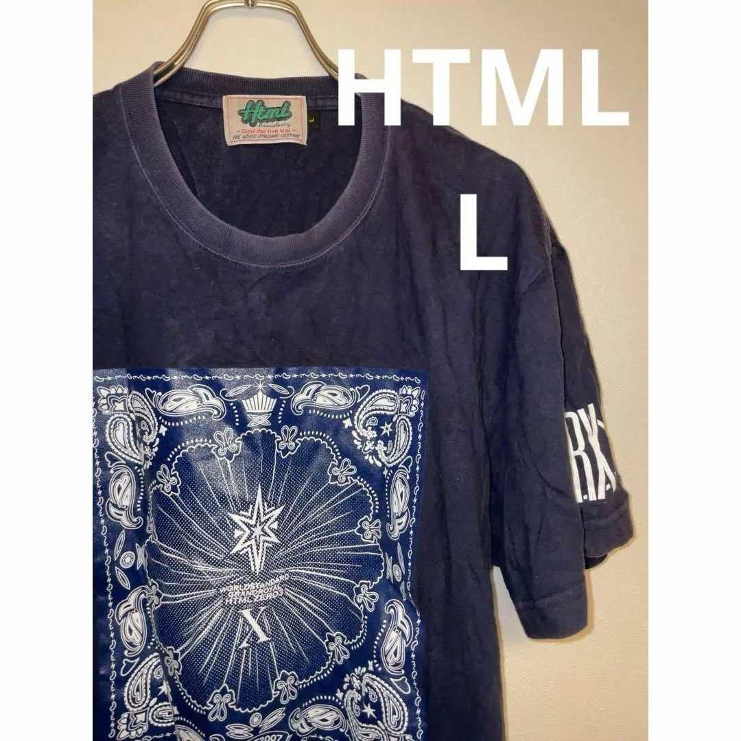 HTML Tシャツ 半袖 ネイビー プリント ヴィンテージ コットン サイズL メンズのトップス(Tシャツ/カットソー(半袖/袖なし))の商品写真