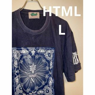 HTML Tシャツ 半袖 ネイビー プリント ヴィンテージ コットン サイズL(Tシャツ/カットソー(半袖/袖なし))