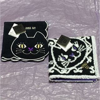 アナスイ(ANNA SUI)のレア♪新品☆アナスイ タオルハンカチ ネコ 黒 ブラック 紫 ヨーロピアン(ハンカチ)