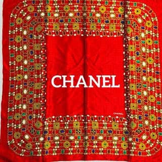 シャネル(CHANEL)の★CHANEL★ スカーフ 大判 宝石 ビジュー ココマーク シルク レッド(バンダナ/スカーフ)