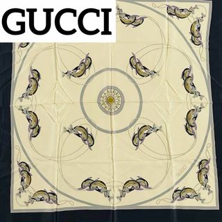 グッチ(Gucci)の美品 ★GUCCI★ スカーフ イルカ 魚 パール シルク ブラック ホワイト(バンダナ/スカーフ)