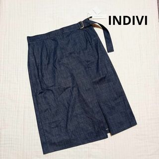 インディヴィ(INDIVI)の新品 INDIVI インディヴィ 大きいサイズ 日本製 デニム ボックスプリーツ(ひざ丈スカート)