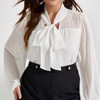 シーイン(SHEIN)のSHEIN 大きいサイズ  リボン シャツ ホワイト ブラウス 1XL(シャツ/ブラウス(長袖/七分))