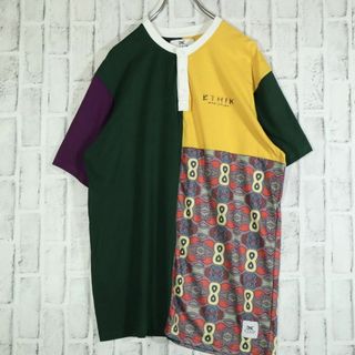 【レトロ古着】ヘンリーネック カットソー ブロックカラー 幾何学模様 こなれ感◎(Tシャツ/カットソー(七分/長袖))