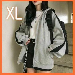 ライン パーカー 韓国服 レディース スウェット XL ジップ　フード(その他)