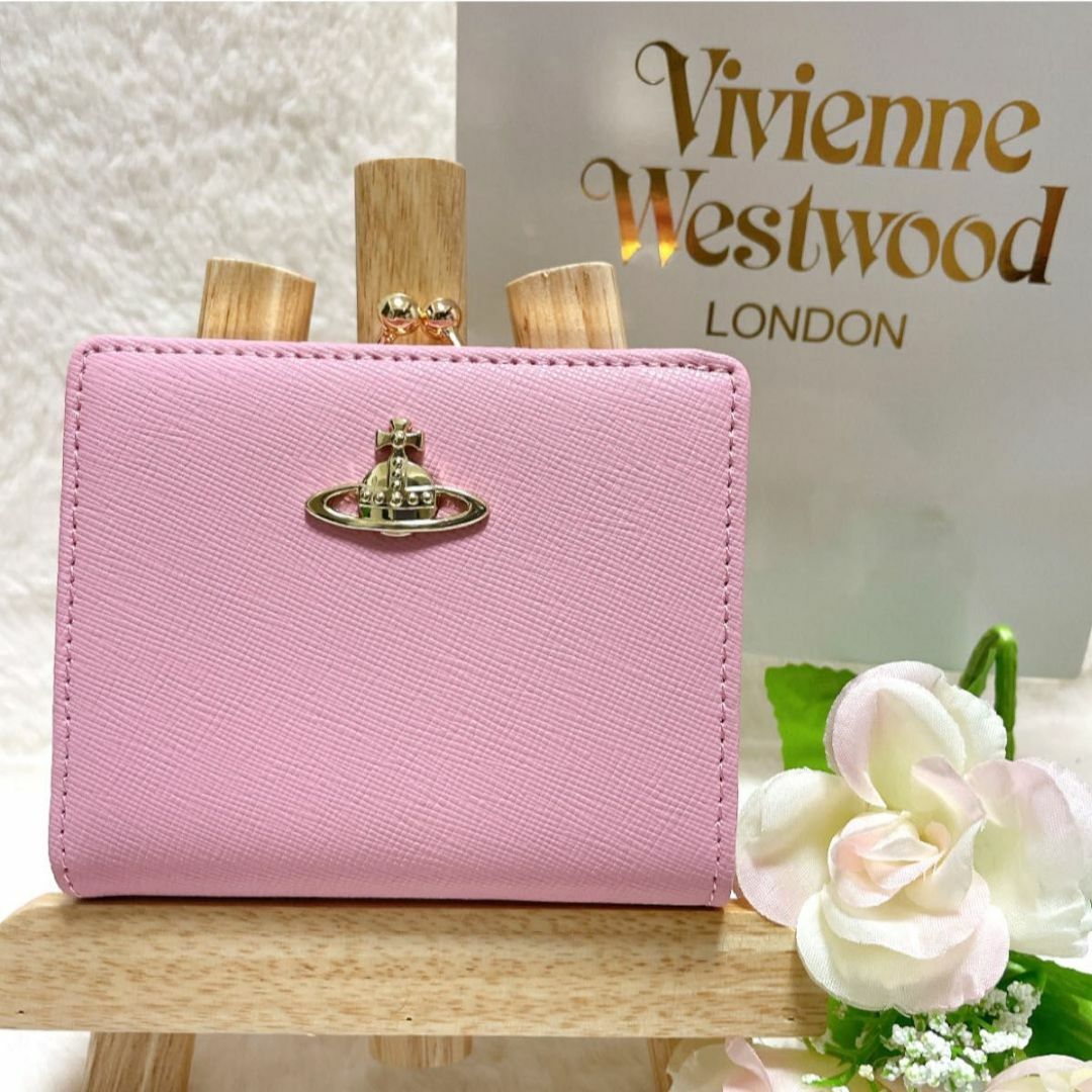 ヴィヴィアンウエストウッド 財布、ブラック がま口 二つ折り ピンク