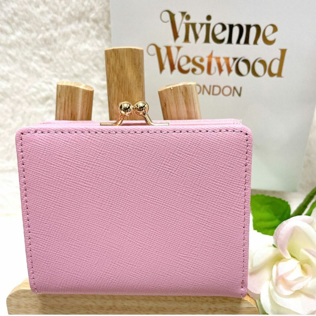 人気再入荷 ヴィヴィアンウエストウッド 財布、ブラック がま口 二つ折り ピンク