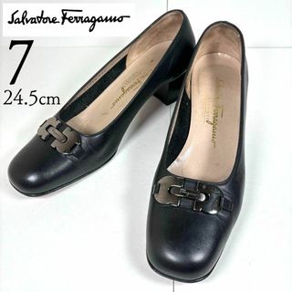 サルヴァトーレフェラガモ(Salvatore Ferragamo)のFerragamo フェラガモ 24.5 スクエアトゥ ガンチーニ パンプス 黒(ハイヒール/パンプス)