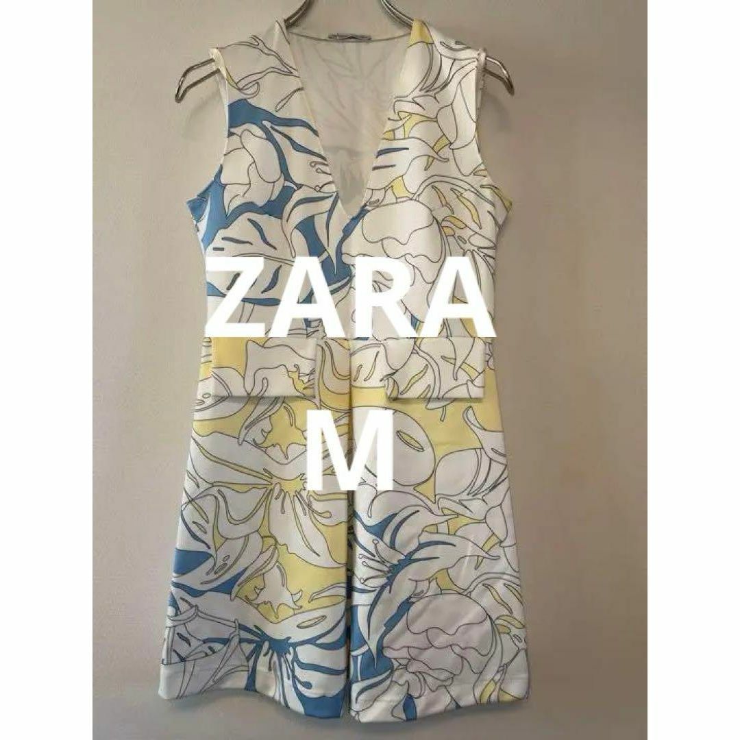 ZARA ノースリーブ 膝丈ワンピース フラワープリント Mサイズ ポルトガル製 レディースのワンピース(ひざ丈ワンピース)の商品写真