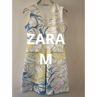 ZARA ノースリーブ 膝丈ワンピース フラワープリント Mサイズ ポルトガル製(ひざ丈ワンピース)