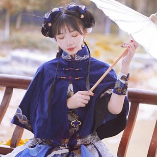 metamorphose temps de fille - 滄浪 刺繍紐ボタン別珍　紺色アウター　マント　華ロリ　中華風　殭屍 漢服　和ロリ