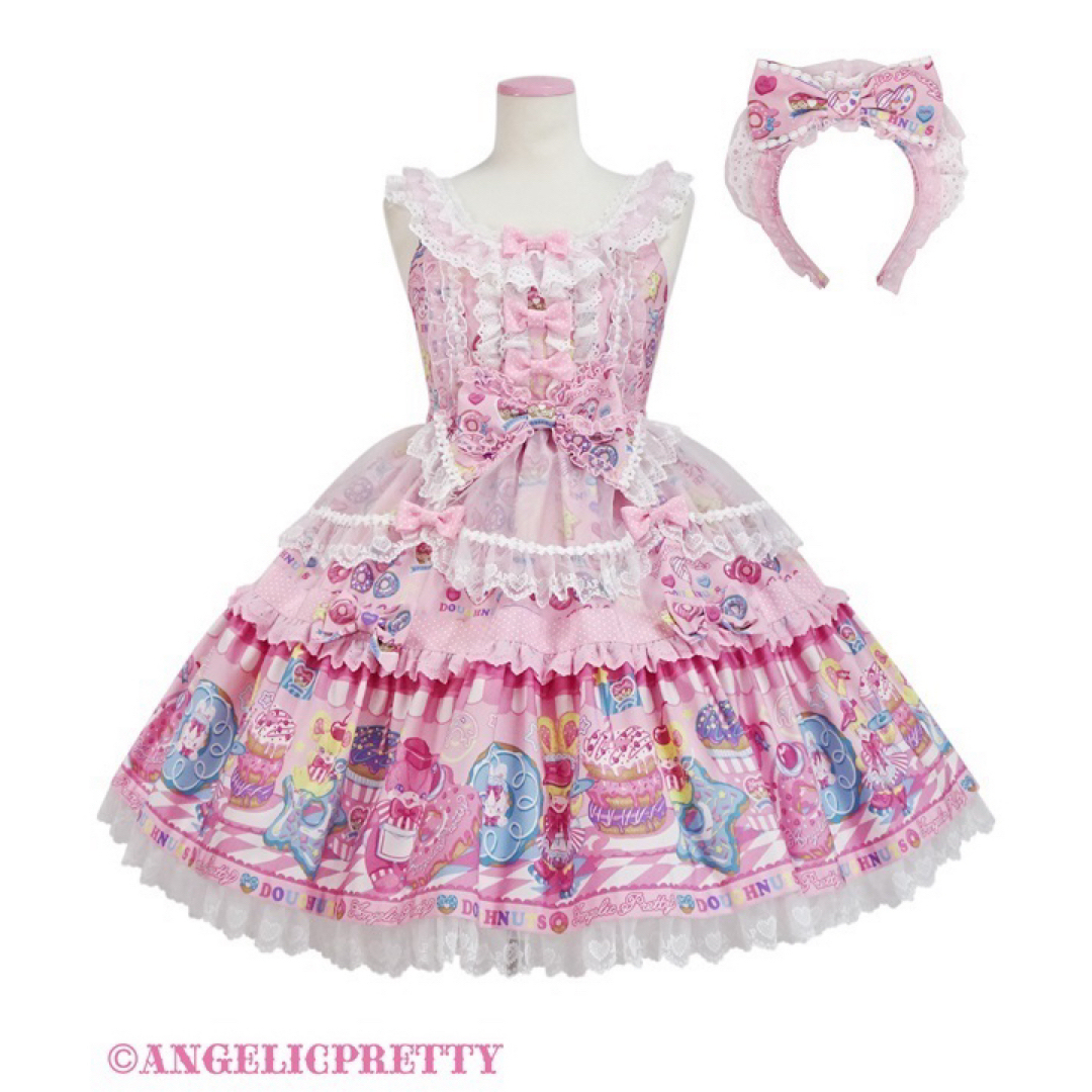 Angelic Pretty(アンジェリックプリティー)のToy's Donut Diner エプロンドレスセット ピンク レディースのワンピース(ひざ丈ワンピース)の商品写真