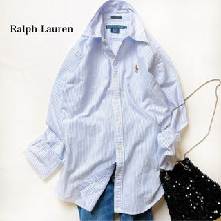 ラルフローレン(Ralph Lauren)のラルフローレン　長袖ストライプシャツ　ブルー　2 M 羽織り刺繍ロゴ(シャツ/ブラウス(長袖/七分))