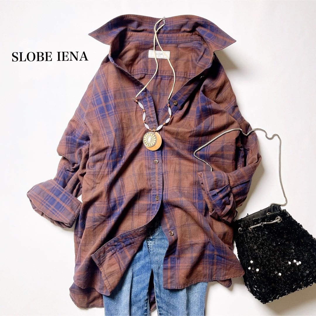 SLOBE IENA(スローブイエナ)のスローブイエナ　ネルチェックシャツ【手洗い可能】　コットン　ベージュ　ネイビー レディースのトップス(シャツ/ブラウス(長袖/七分))の商品写真