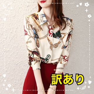 訳あり　総柄シャツ　レトロ柄　開襟シャツ　ブラウス　カットソー　ベージュ　L(シャツ/ブラウス(長袖/七分))