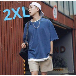 重ね着風Tシャツ ブルー 2XL 半袖 シンプル メンズ トレンド 韓国 無地(Tシャツ/カットソー(半袖/袖なし))
