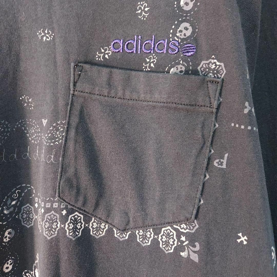adidas(アディダス)のadidas　長袖Tシャツ　ラグラン袖　ロゴ刺繍　ペイズリー柄　黒　M　古着 メンズのトップス(Tシャツ/カットソー(七分/長袖))の商品写真
