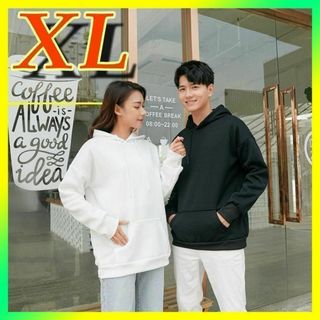 XL 白 パーカー フリース ユニセックス 無地 長袖 上着 フード 韓国(パーカー)